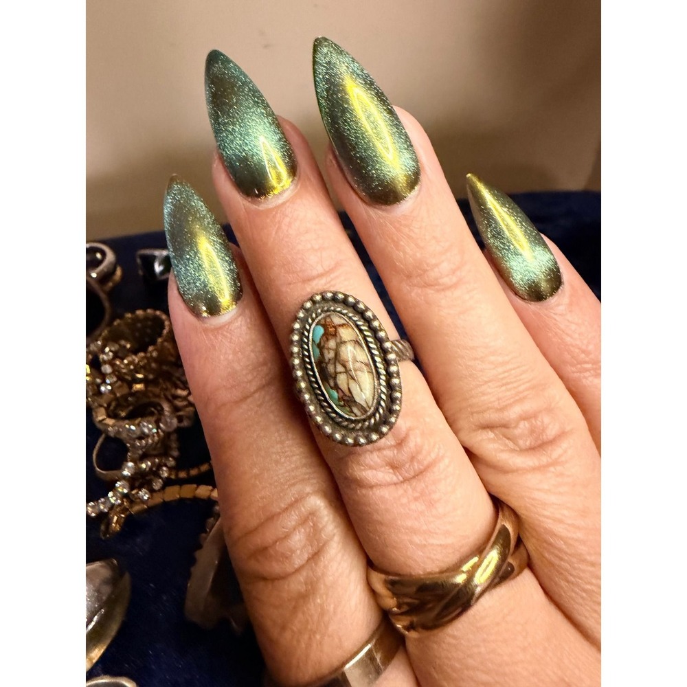 Southwestern Turquoise Matrix Oval Statement Ring Sterling Silver Rope Band - Picture 2 of 4